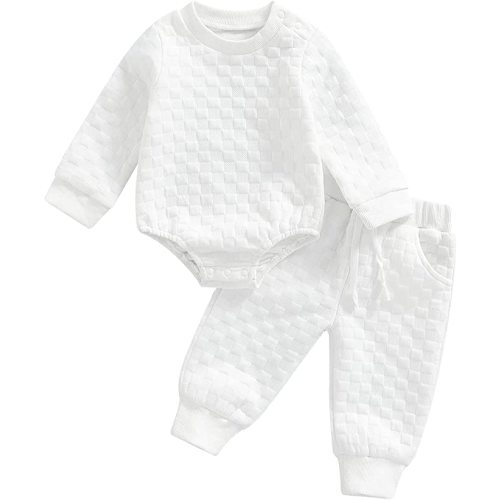 Infant Toddler Baby Boys Fall Winter Outfits Long Sleeve Romper Camouflage Knitted Onesie + Camo Print Pants 2Pcs Set - Waffle Knit-white