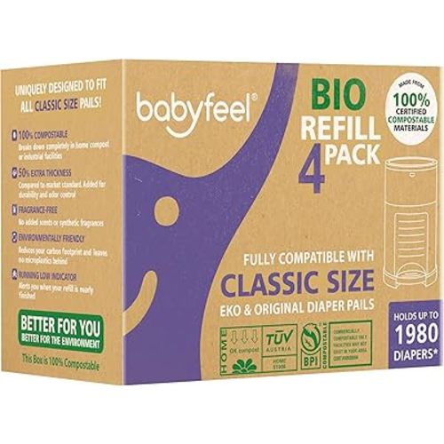 Babyfeel BIO Refills Compatible with DEKOR CLASSIC Diaper Pails | 100% Compostable |4 Pack |50% Extra Thickness | Compost Refill bags with Running Low Indicator |Powerful Odor Control | Fragrance-free