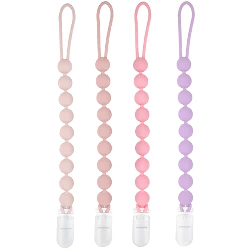 MINMUNJIU 4 Pack Silicone Pacifier Clips for Girls, One Piece Flexible Soft Binky Clips Baby Stuff and Gifts for Girls