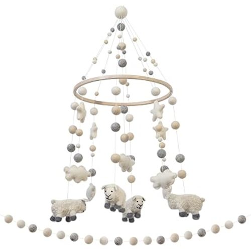 GLACIART ONE Baby Nursery Sheep Mobile for Crib & Felt Garland | Gender Neutral Mobile for Nursery Decor | Felt Hanging Sheep & Stars Room Decorations Handmade from Natural Wool | Great Gift Idea