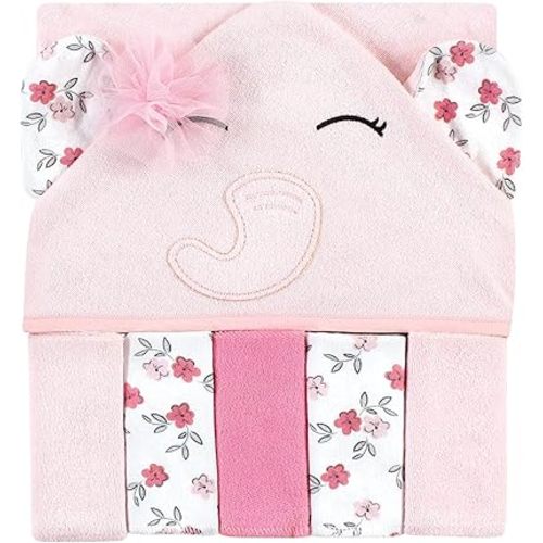 Hudson Baby Unisex Baby Hooded Towel and Five Washcloths, Floral Pretty Elephant, One Size