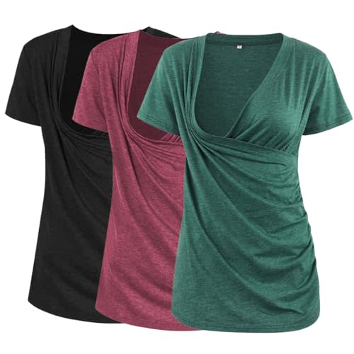 Liu & Qu Women's Maternity Nursing Tops, Layered Wrap for Breastfeeding, V-Neck Short Sleeve Tee Shirts 3 Packs