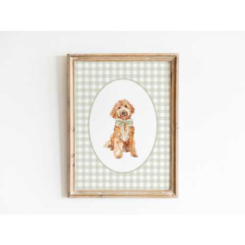 Golden Doodle Nursery Decor, Watercolor Dog Nursery Print, Baby Boy Nursery, Sage Green Gingham Wall Print, Girl Bow Art, Doodle Wall Art