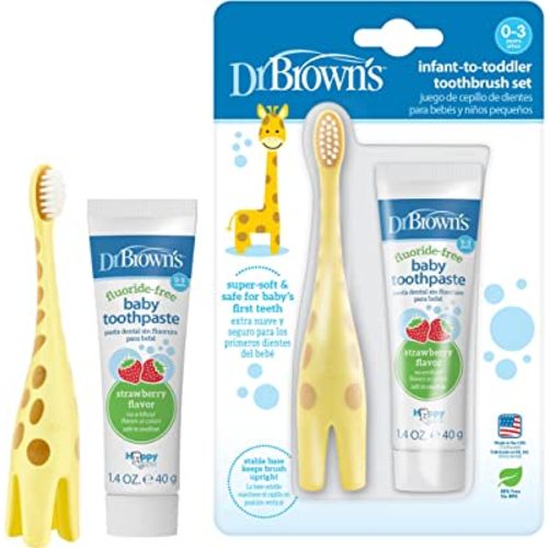 Dr. Brown’s Infant-to-Toddler Training Toothbrush Set with Fluoride-Free Baby Toothpaste, Strawberry - Giraffe - 1.4oz - 0-3 years