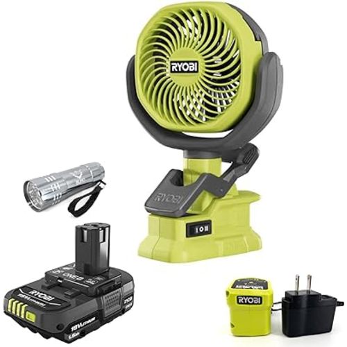 Buho Cordless 4 Inch Clamp Fan Bundle, Ryobi 1.5 Ah 18-Volt Lithium-ion Battery, Charger Pocket Flashlight