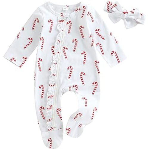 KOSUSANILL Newborn Baby Girl Christmas Outfit Infant Boy Long Sleeve Romper Footie Zipper Santa Trees Footed Jumpsuit