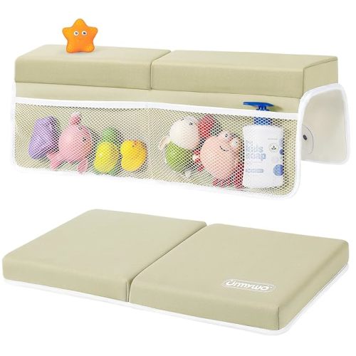 URMYWO Bath Kneeler and Elbow Rest Pad Set - 1.5" Thick Baby Bath Kneeler Pads with Toys Organizer, Anti-Slip Cozy Knee & Arm Support Bathtub Mat, Quick Dry Kneeling Pad for Baby Bath Time