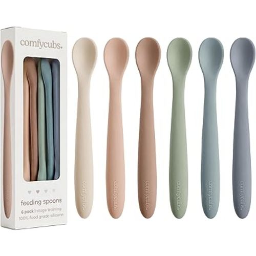 Comfy Cubs Silicone Baby Spoons Set 6-Pack, Sand 6.46 x 0.95 in – BPA Free, Soft Gum-Safe Toddler Eating Essentials – Lightweight & Flexible Baby Spoons, Dishwasher Safe, Fun Utensils for Babies