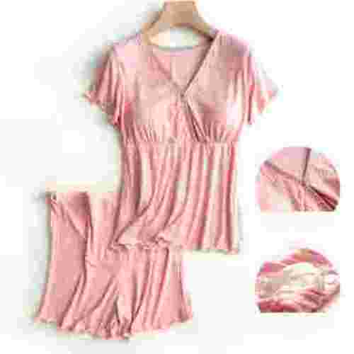 FloHua Maternity Pajamas for Women Set Women's Maternity Nursing Pajamas Set 2 Piece Casual Maternity Outfits V-Neck Short Sleeve Top and Elastic Waist Shorts Set Clearance