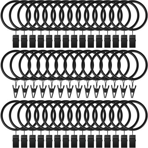 Lansian Curtain Rings with Clips, 44 Pack Curtain Clip Rings Hanger for Hanging Drapes Bows, Rustproof Metal Drapery Rings for Tension Rod,1.26" I D Vintage Black, Fits up to 1 in Curtain Rod