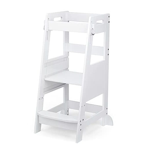 TOETOL Bamboo Toddler Kitchen Step Stool White Helper Standing Tower Height Adjustable with Anti-Slip Protection for Kids Kitchen Counter Learning