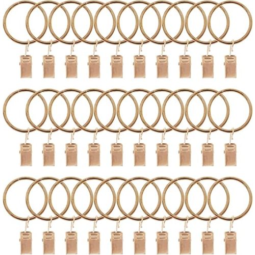 Curtain Ring with Clips,Iron Drapery Clips Hooks,TTZEZE Rustproof Curtain Clip Rings Hooks,30PCS Curtain Hooks for Curtain Rod Dia.25mm/0.98'' THK 3mm/0.12'', Rose Gold