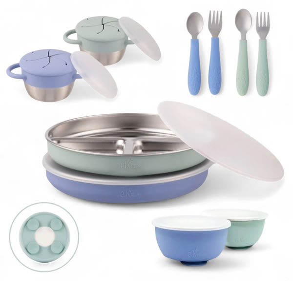 Stainless Steel Mealtime Bundle | Plates, Bowls, Snack Cups + Toddler Utensils | Suction Sleeves | Sage/MistyBlue