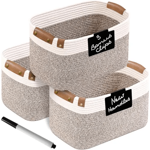 Cotton Rope Baskets for Organizing | Storage Baskets for Shelves | Rope Basket for Storage, Small Laundry Baskets, Woven Baskets for Storage, Dog Toy Bin, Baby Basket,Off White&Brown 3 Pack