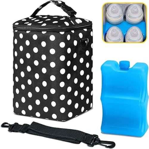 Breastmilk Cooler Bag with Ice Pack Fits 4 Baby Bottles Up to 9 Ounce Insulated Baby Bottle Bag Breast Milk Cooler on The Go with Strap Baby Bottle Cooler Bag for Nursing Mom Daycare or Travel