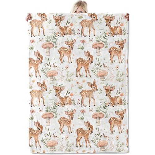 Cute Deer Blanket 60×80 Inch,Forest Fawn and Mushroom Print Lightweight Flannel Throw with Woodland on White Background,Spring Rustic Farmhouse Home Decor,Gifts for Girls,Women