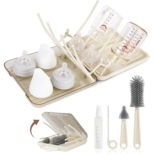 Baby Bottle Brush Set, 6-in-1 Travel Bottle Cleaner Kit with Silicone Bottle Brush, Nipple & Straw Brush, Soap Dispenser, Drying Rack, Storage Box – Compact Baby Travel Essential for Home & On-The-Go
