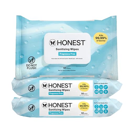 The Honest Company Fragrance-Free Sanitizing Alcohol Wipes, Antibacterial with Aloe, Kills 99% of Germs, 150 Count