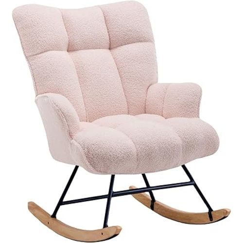 Pink Teddy Nursery Rocking Chair - Soft Fleece Fabric, Ergonomic & Adjustable, Indoor Use Only