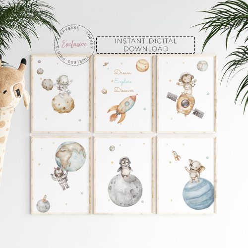 Space Animals Nursery Prints, Set of 6 | Space Bear Nursery Decor | Nursery Decor | Boys Space Baby Shower Gift | Neutral Nursery Decor