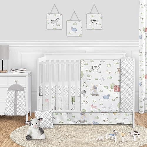 Sweet Jojo Designs Farm Animals Baby Boy or Girl Nursery Crib Bedding Set - 11 Pieces - Watercolor Farmhouse Lattice Horse Cow Sheep Pig