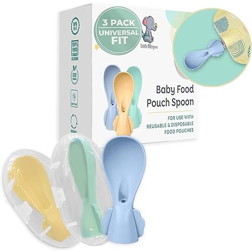 LittleWhispers Baby Pouch Spoon Attachment - 3 Silicone Baby Food Pouch Spoon Tops - Travel Cases Included - Squeeze Baby Pouch Topper