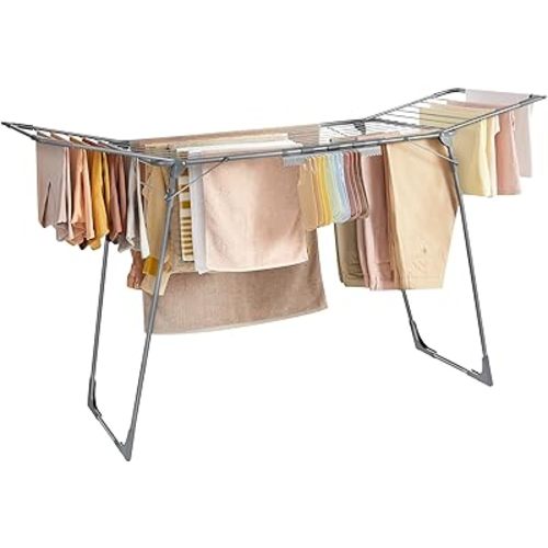 SONGMICS Clothes Drying Rack Foldable, Gullwing Laundry Drying Rack, Space-Saving, 22.2 x 68.1 x 38 Inches, Sock Clips, Metal Structure, for Clothes, Towels, Linens, Indoor, Outdoor Gray ULLR518G01