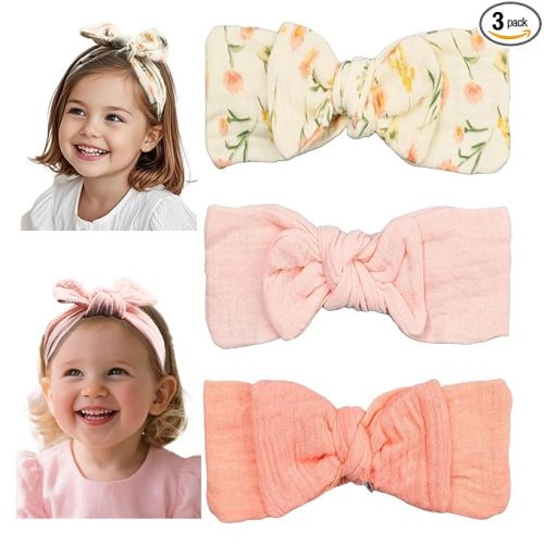 Baby Girl Muslin Cotton Hair Bow Headband, Top Knotted Floral and Solid Headwrap for Newborns, Infants, Toddlers (CJpinkset)