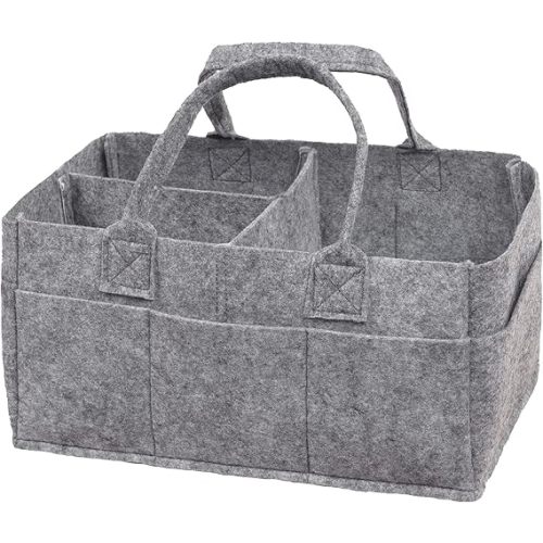 Sammy & Lou Collapsible Light Gray Felt Storage Caddy, Divided Design To Keep Diapers, Wipes And Changing Items Organized, Two Handles, 11.5"D x 6"W x 8"H