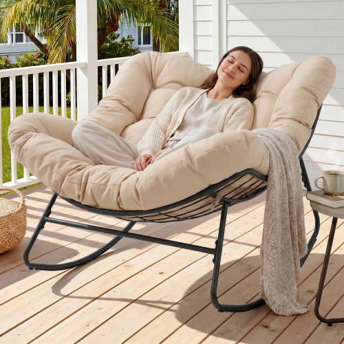 Dovov Oversized Papasan Rocking Chair, Indoor Outdoor Rocking Chair Patio Egg Chair with Cushion, Heavy Duty Steel Papasan Rocker Lounge Chair for Porch Balcony Nursery Living Room, Beige