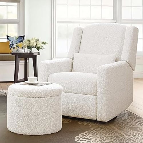 Power Recliner Chair Swivel Glider, Large Nursery Glider with Ottoman & USB Charging Port, Boucle Upholstered Rocker Glider Recliner for Nursery,Living Room,Cream