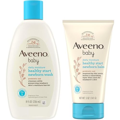 Bundle of Aveeno Baby Healthy Start Newborn Wash, Hypoallergenic Baby Body Wash with Prebiotic Oat, Fragrance-Free, 8 fl. oz + Newborn Balm, Baby Skin Balm with Prebiotic Oat , Fragrance-Free, 5 oz