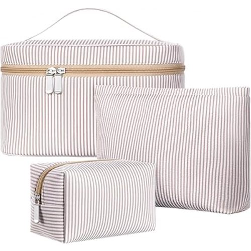 3 Pieces Makeup Bag Set for Women Cute Seersucker Cosmetic Pouch Travel Toiletry Bag Preppy Small Makeup Purse Pouch Aesthetic Skincare Brushes Storage Organizer for Women(Khaki)