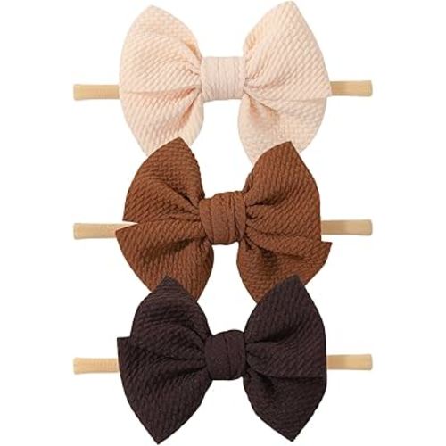 yoyokid 3PCS 4" Baby Girls Bow Headband, Elastic Nylon Hairbands Soft Baby Hairbands with Bows Hair Accessories for Newborn Infant Toddler, Beige Brown Coffee