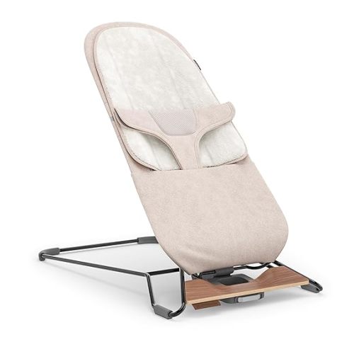 UPPAbaby Mira Bouncer/Portable 2-in-1 Bouncer + Seat Grows With Your Baby/GREENGuard® Gold, JPMA + FSC® certified/Cozy Seat Liner + Storage Bag Included/Charlie (Sand Mélange/Black Chrome/Walnut Wood)