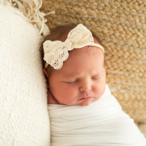 Cream Cotton Lace Bow, Vintage Lace Bow, Lace Headband, Newborn Baby Bow, Nylon Baby Headband
