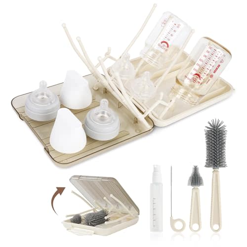 Baby Bottle Brush Set, 6-in-1 Travel Bottle Cleaning Kit with Silicone Bottle Brush, Nipple & Straw Brush, Soap Dispenser, Drying Rack, Storage Box – Compact Travel Baby Essential for Home & On-The-Go