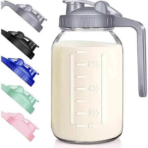 Wide Mouth Mason Jars 32 oz with Pour Spout Lids, SNGKMSYG 1 Quart Glass Pitcher with Lid, Double Leak Proof Breast Milk Pitcher for Fridge, Coffee, Water, Iced Tea (Gray, 32oz, 1 Pack)