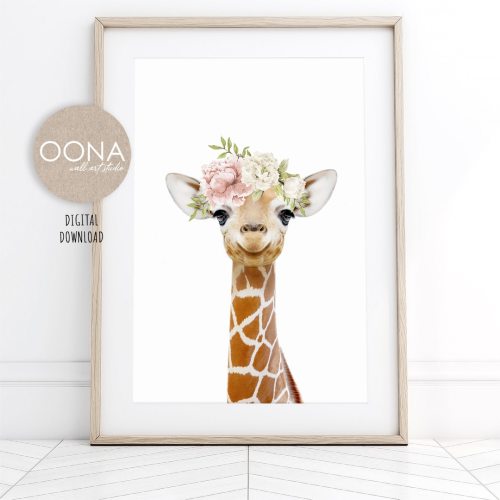 Baby Giraffe Print Girl Safari Nursery Decor Girl Safari Animal Print PRINTABLE Flower Crown Safari Nursery Print Girls Wall Art DOWNLOAD