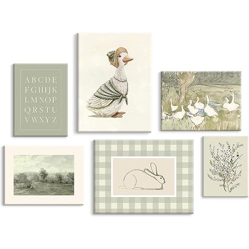 SYYANKK Vintage Nursery Wall Art Kids Canvas Poster Baby Room Wall Decor Sage Green Duck Wall Art Bunny Prints Floral Picture Nursery Children Artwork for Farmhouse Bedroom 8x10x6 Inch Ready to Hang