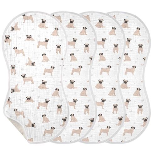 Muslin Baby Burp Cloths, Cute Pug Puppy Dogs Muslin Baby Rags Comfy Soft Absorbent in for Newborn Boys and Girls 4 Piece 22 x 11 Inch