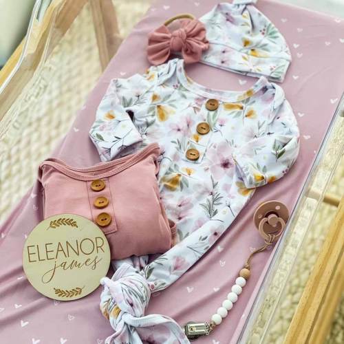 Maeve's Mauve & Mustard Floral Newborn Baby Knot Gown & Hat Set