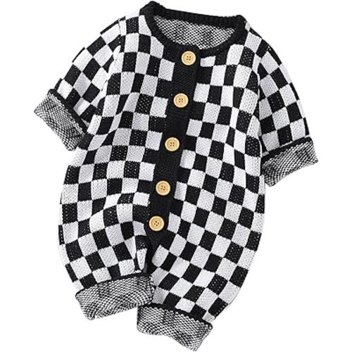 Unisex Baby Girl Boy Knitted Romper Jumpsuit Checkerboard Plaid One Piece Button Down Sweater Playsuit Clothes