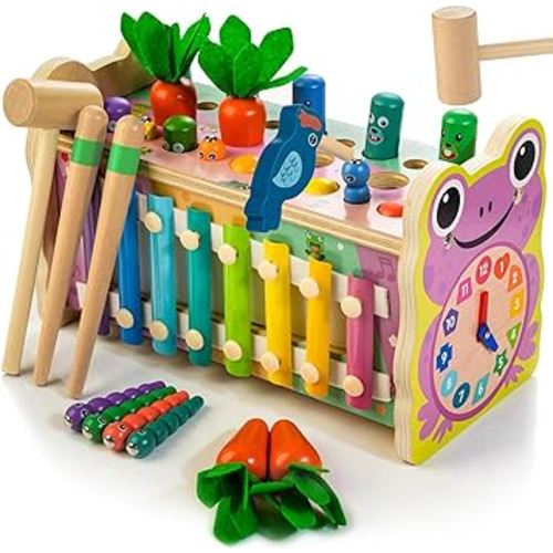 6 in 1 Wooden Montessori Toys for 1 Year Old, Whack-A-Mole Hammering Pounding Toy with Xylophone, Woodpecker, Carrot Harvest Game, Educational Toddler Activities Gift for Ages 1-4 Pink