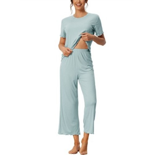 cheibear Women's Sleepwear Round Neck Soft Knit Short Sleeve Shirt with Pants Capri Pajamas Set, Color: Blue, Size: x-large