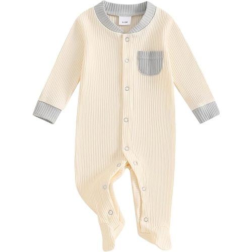 Newborn Baby Boy Girl Clothes Color Block Footies Romper Bodysuit Jumpsuit Button Footed Coming Home Outfits