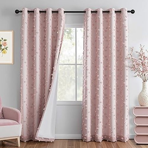 MYSKY HOME Pink Blackout Curtains for Girls Bedroom 84 Inches Long Total Light Blocking Blush Nursery Curtain 2 Panels Room Darkening Grommet Window Drapes with Pom Pom Sheer for Living Room 52W x 84L