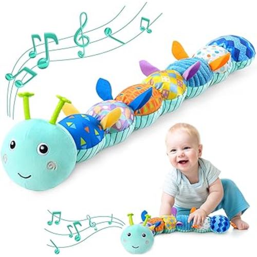 Baby Toys 0 to 12 Months, Musical Stuffed Animal Activity Soft Toys with Multi-Sensory Crinkle, Rattle and Textures, Infant Tummy Time Toys for Newborn Boys Girls, Caterpillar, Blue
