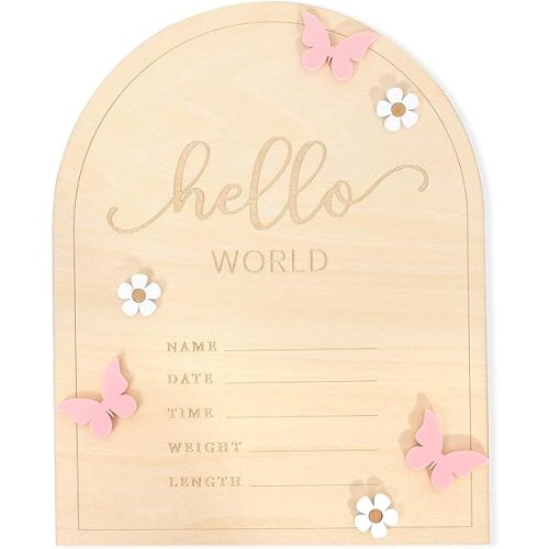 Hello World Newborn Sign - Baby Announcement Sign for Baby Showers, Pink Butterfly Newborn Birth Announcement Board, Daisy Wooden Baby Milestone Card,Welcome