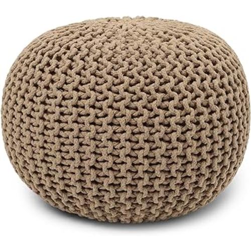 REDEARTH Round Pouf Ottoman - Hand Knitted Cable Boho Poof Home Décor Pouffe Circular Footrest for Living Room - Bedroom - Lounge - 100% Cotton (19.5"x19.5"x14") - Beige